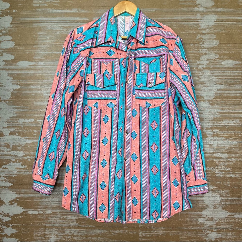 Vintage Pink and Blue Geometric Western Button Down Shirt